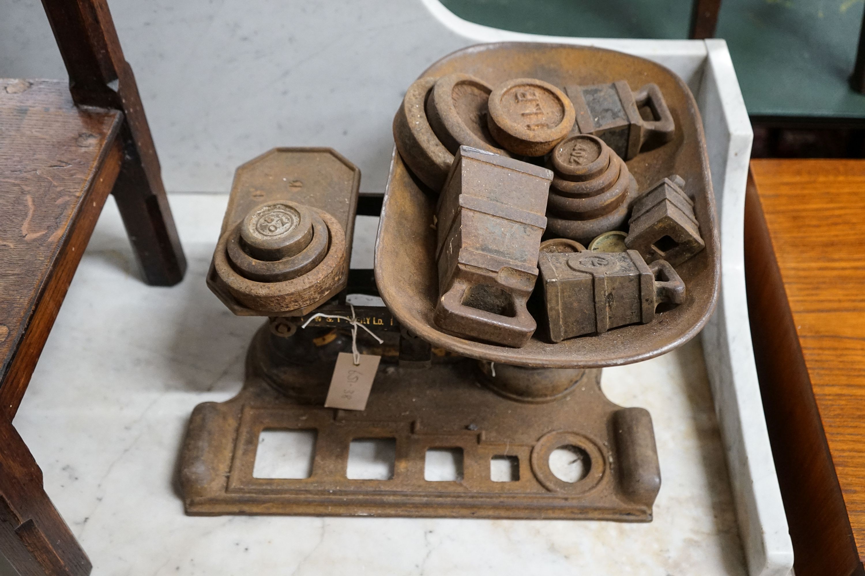 A set of Avery scales, width 40cm and weights, together with additional weights